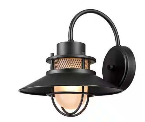 Globe Electric Liam Matte Black Industrial Indoor/Outdoor 1-Light Wall Sconce with Frosted White Glass shade - Lot 499