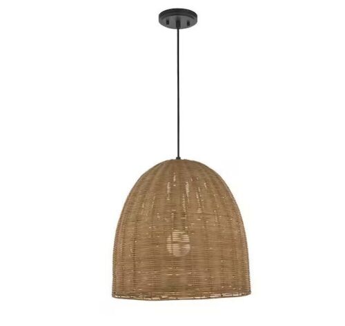 Hampton Bay Highler 1-Light Matte Black Island Pendant Light with Natural Rattan Shade - Lot 572
