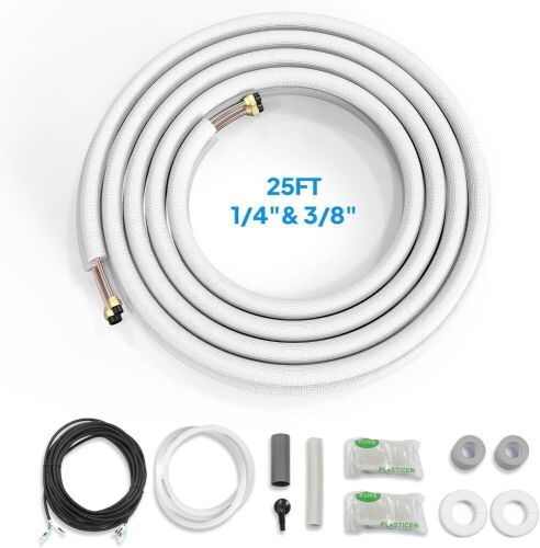 ROVSUN 25 Ft Mini Split Line Set, 1/4" & 3/8" O.D. Flared Copper Tubing Pipes & 3/8" Thickened PE Insulated Coil with Nuts & Installation Kit for Mini Split Air Conditioner & Heat Pump System - Lot 578