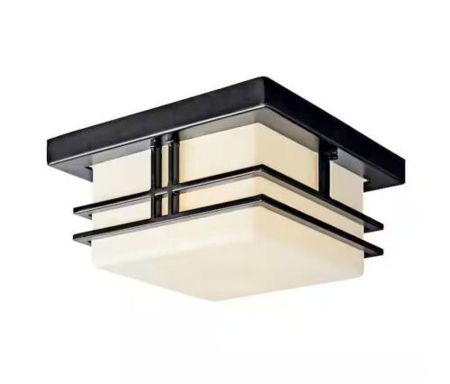 KICHLER Tremillo 2-Light Black Outdoor Porch Ceiling Flush Mount Light with Satin Etched Cased Opal Glass - Lot 590