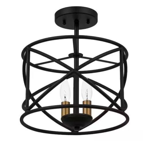 Hampton Bay Hastings 13.5 in. 2-Light Matte Black Industrial Caged Drum Ceiling Semi Flush Mount Light - Lot 597