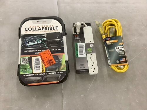 Collapsible Weather Resistant Outdoor Electrical Outlet Box, 6 Outlet Surge Protector & 25' Outdoor Extension Cord  - Lot 698