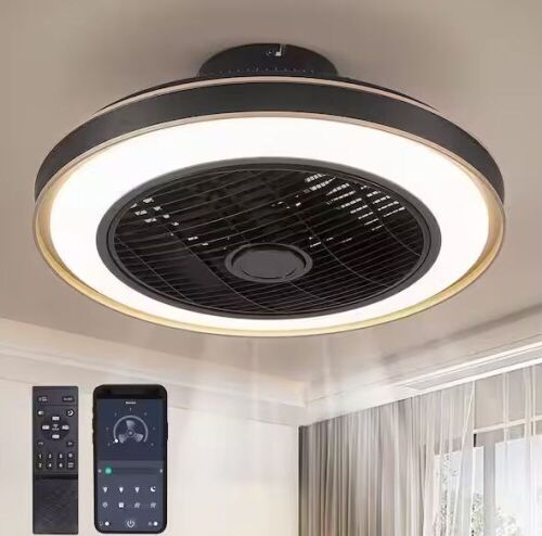 ANTOINE 20 in. Indoor Black Caged Enclosed Ceiling Fan with LED Light Modern Low Profile Ceiling Fan with Remote and APP Control - Lot 783