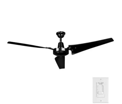 Hampton Bay Industrial 60 in. Indoor/Outdoor Black Ceiling Fan with Wall Control, Downrod and Powerful Reversible Motor - Lot 784