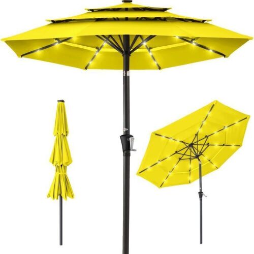 3-Tier Solar Patio Umbrella w/ LED Lights, Tilt Adjustment, Crank - 10ft - Lot 863