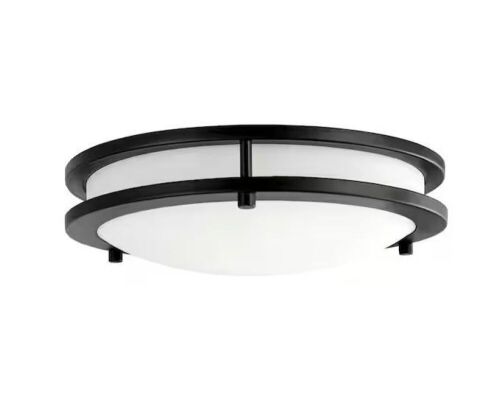 Hampton Bay Flaxmere 12 in. Matte Black Dimmable Integrated LED Flush Mount Ceiling Light with Frosted White Glass Shade - Lot 877