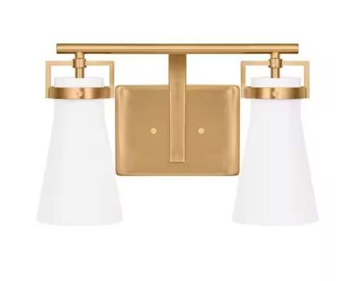 Home Decorators Collection Clermont 14.75 in. 2-Light Satin Brass Bathroom Vanity Light with Milk Glass Shades - Lot 878