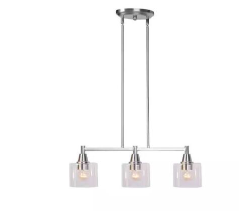 Hampton Bay Oron 3-Light Brushed Nickel Linear Island Pendant Hanging Light with Clear Glass Shades - Lot 880