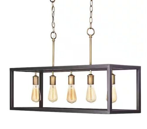  Hampton Bay Boswell Quarter 34 in. 5-Light Gold Coastal Farmhouse Linear Island Chandelier with Black Distressed Wood Accents - Lot 897