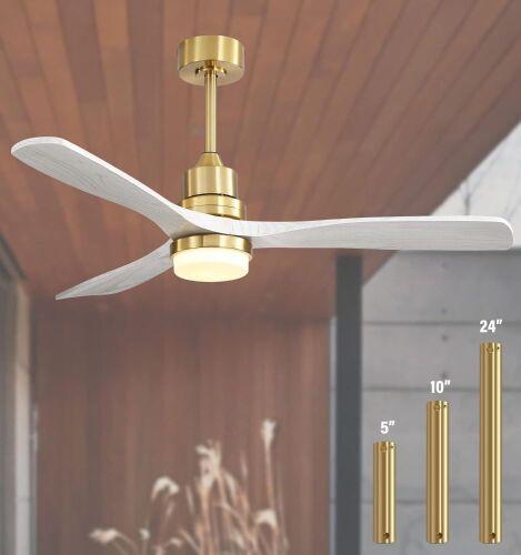  Sofucor 52 inch Solid Wood Indoor/Outdoor Ceiling Fan with Lights and Remote, 3 Downrod - Lot 93