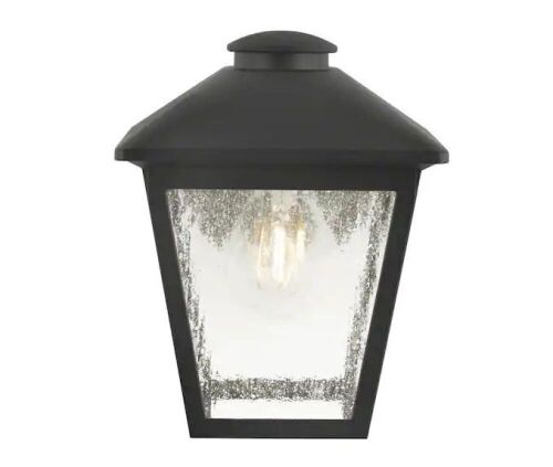 Malena 7.83 in. 1-Light Black Hardwired Outdoor Wall Light Lantern Sconce Light with Clear Seeded Glass - Lot 250