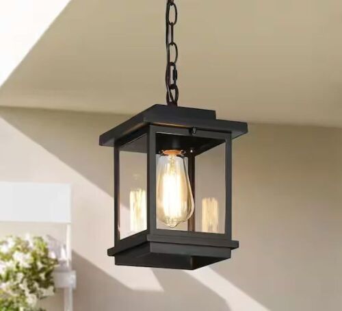 LNC Modern Coastal Black Square Outdoor Pendant 1-Light Hanging Lantern with Clear Glass Shade - Lot 446