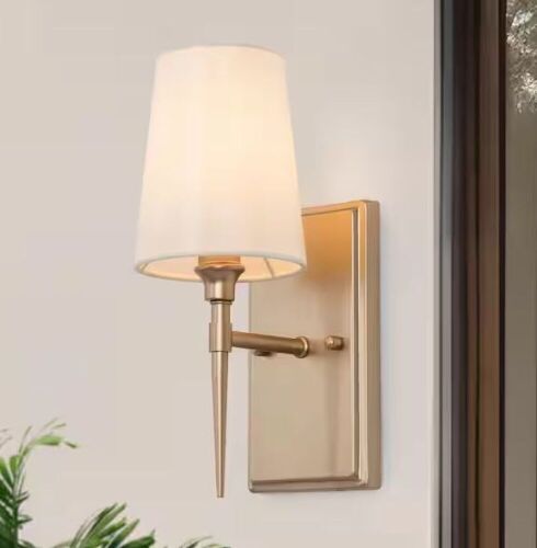 LNC Modern Classic 1-Light Gold 4.7 in. W Wall Sconce Powder Room Bathroom Armed Wall Light with Bell Fabric Shade - Lot 653