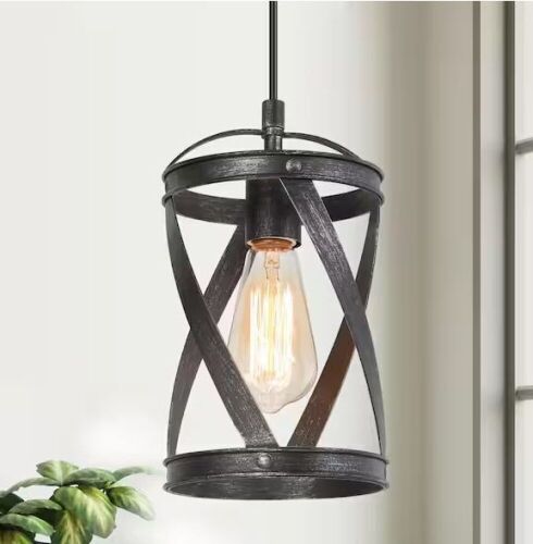 LNC Industrial Brushed Black 1-Light Island Pendant Light with Open Drum Cage - Lot 656