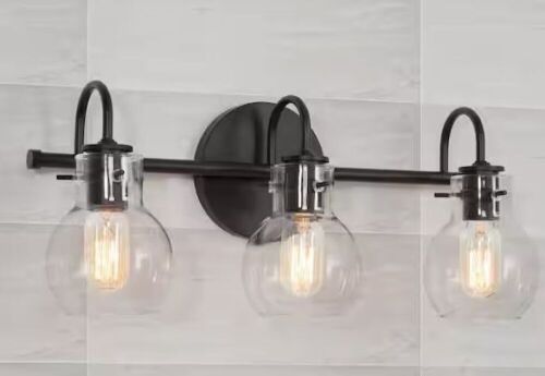 LNC Modern Industrial 22 in. 3-Light Black Bathroom Vanity Light Wall Sconce with Clear Globe Glass Shades - Lot 748