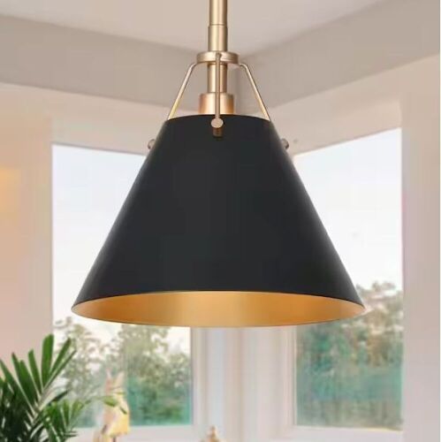 Lot of (2) Uolfin Modern Farmhouse Taine 1-Light Black & Brass Bell Pendant Light with Metal Shade  - Lot 758