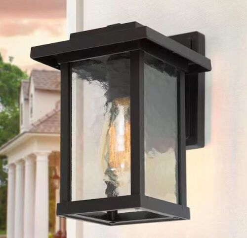 LNC 1-Light Black Modern Farmhouse Outdoor Wall Lantern Sconce with Water Glass Shade - Lot 851
