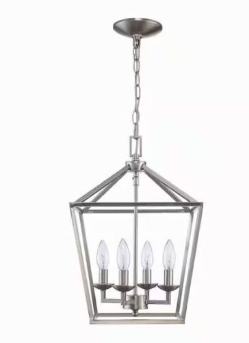 Home Decorators Collection Weyburn 4-Light Brushed Nickel Farmhouse Chandelier Light Fixture with Caged Metal Shade - Lot 532
