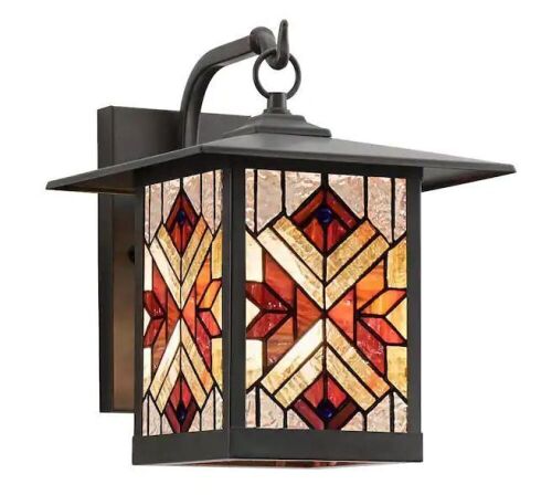 Lot of (2) River of Goods Alesun 1-Light Oil Rubbed Bronze Outdoor Stained Glass Wall Lantern Sconce - Lot 539