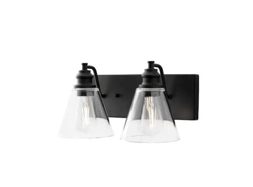  Hampton Bay Manor 15.3 in. 2-Light Matte Black Industrial Bathroom Vanity Light with Clear Glass Shades - Lot 630
