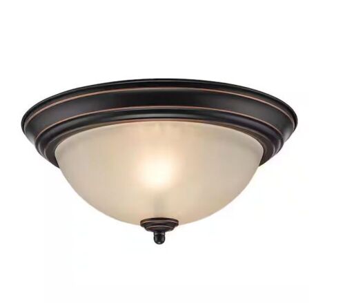 13 in. 2-Light Oil Rubbed Bronze Flush Mount Ceiling Light Fixture with Tea Stained Glass Shade - Lot 733