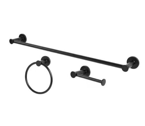 Glacier Bay Lucien 3-Piece Bath Hardware Set with Towel Bar Paper Holder Towel Ring in Matte Black - Lot 119