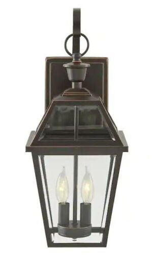 Home Decorators Collection Glenneyre 20.25 in. 2-Light Espresso Bronze Hardwired Outdoor Wall Light Lantern Sconce with Clear Glass - Lot 206