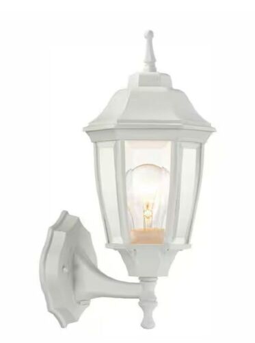 Hampton Bay 14.37 in. White Dusk to Dawn Decorative Outdoor Wall Light Lantern Sconce - Lot 212