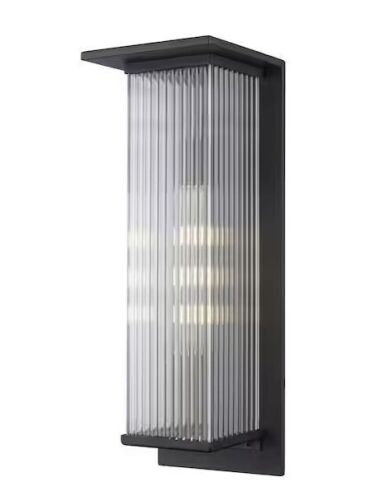Home Decorators Collection Jardine 20 in. 1-Light Black Modern Outdoor Wall Light Fixture with Clear Ribbed Glass - Lot 213