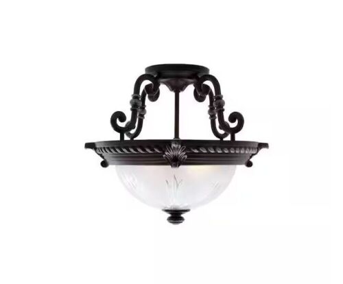 Hampton Bay Bercello Estates 15 in. 2-Light Volterra Bronze Semi-Flush Mount with Etched Glass Shade - Lot 309