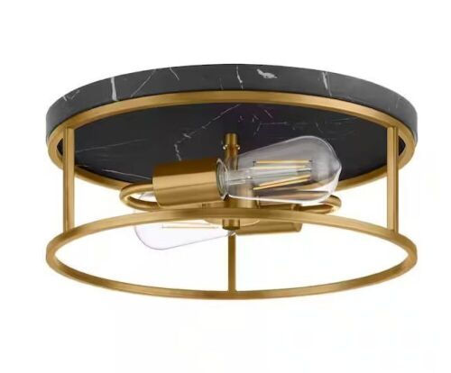 Hampton Bay Cogburn 13 in. 2-Light Antique Brass with Black Marbled Base Flush Mount - Lot 312