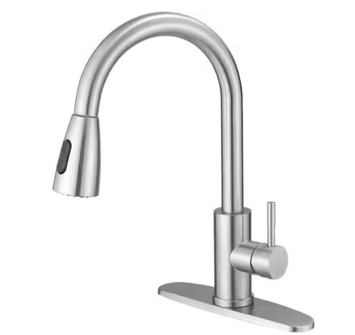 BWE Single Handle Pull Down Sprayer Kitchen Faucet Commercial Kitchen Sink Faucet in Brushed Nickel - Lot 706