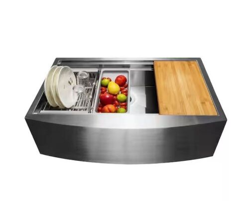 AKDY Handmade Farmhouse Apron Front 33 in. x 22 in. Single Bowl Stainless Steel Workstation Kitchen Sink with Accessories - Lot 28