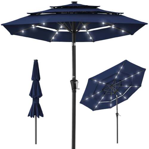 3-Tier Solar Patio Umbrella w/ LED Lights, Tilt Adjustment, Crank - 10ft - Lot 5843