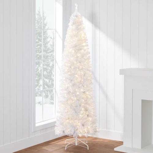 Pre-Lit White Pencil Christmas Tree w/ Metal Base, Incandescent Lights 6ft - Lot 6672