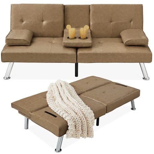 Faux Leather Upholstered Convertible Sofa Bed Futon w/ 2 Cupholders - Lot 6789