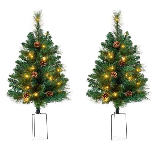 Set of 2 Pre-Lit Pathway Christmas Trees w/ Pine Cones, Timer - 24.5in - Lot 6850