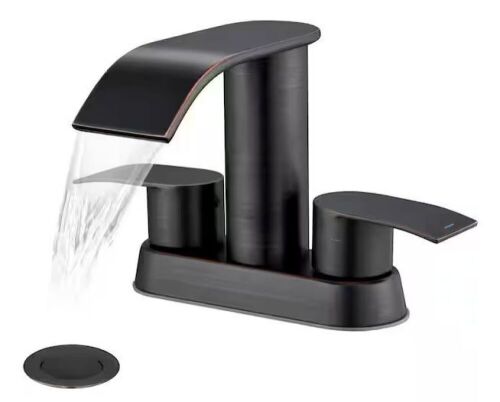 GAGALIFE 4 in. Centerset Double-Handle Waterfall Spout Bathroom Vessel Sink Faucet with Pop Up Drain Kit in Oil Rubbed Bronze - Lot 192
