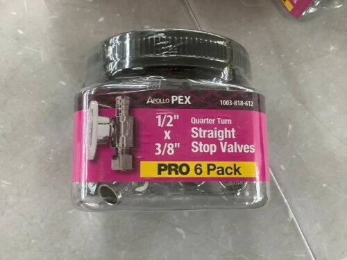 Lot of (5) Apollo 1/2 in. Chrome-Plated Brass PEX-B Barb x 3/8 in. Compression Quarter-Turn Angle Stop Valve, 6-Pack - Lot 195
