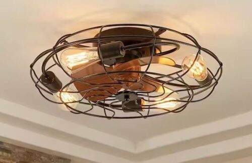 ANTOINE 20 in. 4-Light Indoor Black Wood Grain Industrial Metal Cage Enclosed Ceiling Fan with Light Kit and Remote - Lot 577
