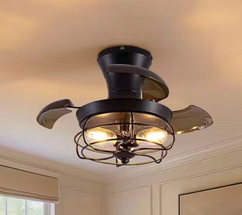 ANTOINE 23 in. Indoor 3-Light Farmhouse Black Low Profile Retractable Ceiling Fan with Light Small Caged Fandelier with Remote - Lot 580