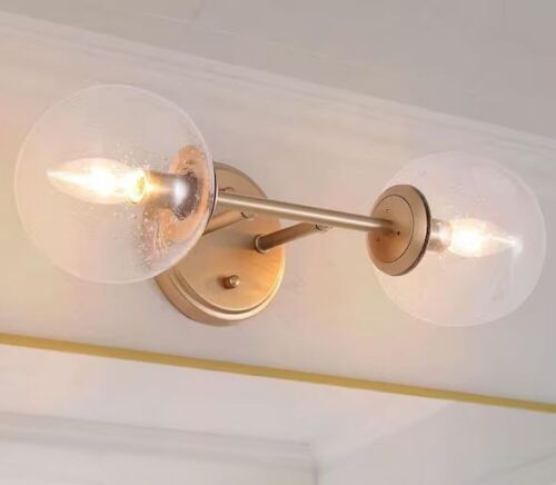 Uolfin Mid-Century Modern Globe Bathroom Vanity Light 2-Light Brass Gold Round Wall Light with Seeded Glass Shades - Lot 582
