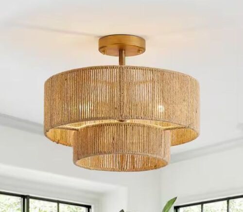Flint Garden 15.4 in. 3-Light Bohemian Antique Gold Two-Tier Drum Semi- Flush Mount with Natural Jute Rope Shade - Lot 589