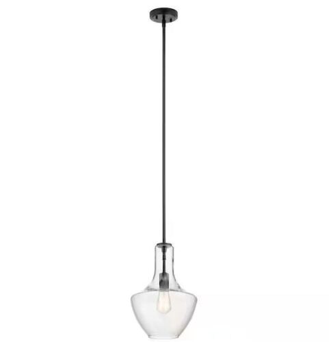 KICHLER Everly 15.25 in. 1-Light Black Transitional Shaded Kitchen Bell Pendant Hanging Light with Clear Glass - Lot 672