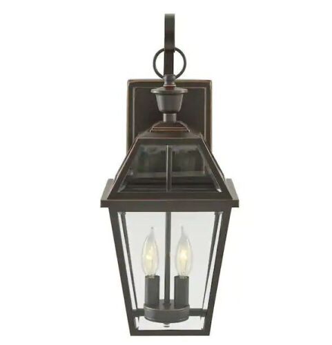 Home Decorators Collection Glenneyre 20.25 in. 2-Light Espresso Bronze Hardwired Outdoor Wall Light Lantern Sconce with Clear Glass - Lot 673