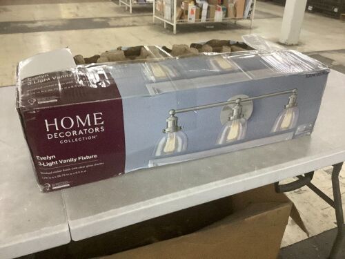 Home Decorators Collection Evelyn 26.75 in. 3-Light Brushed Nickel Industrial Vanity with Clear Glass Shades - Lot 698