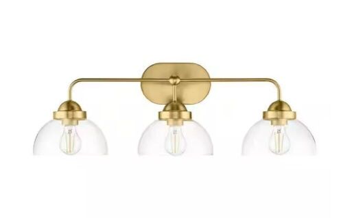 Home Decorators Collection Lowry 30 in. 3-Light Brushed Gold Vanity Light with Glass Shades - Lot 790