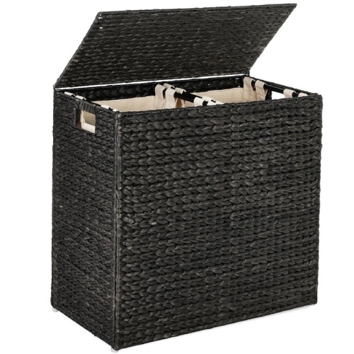 Large Water Hyacinth Double Laundry Hamper Basket w/ 2 Liner Bags - Lot 466