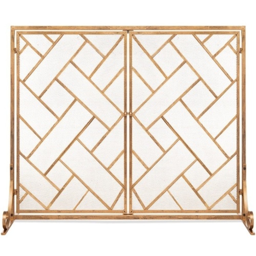 2-Panel Wrought Iron Geometric Fireplace Screen w/ Magnetic Doors - 44x33in - Lot 564