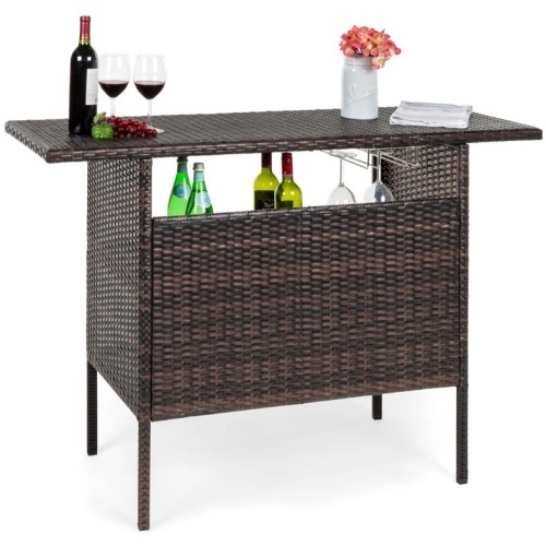 Outdoor Wicker Bar Counter Table w/ 2 Steel Shelves, 2 Rails - Lot 216